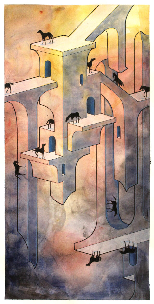 Somewhere Past, acrylic, pencil, and ink on paper, 15" x 30", 2024
